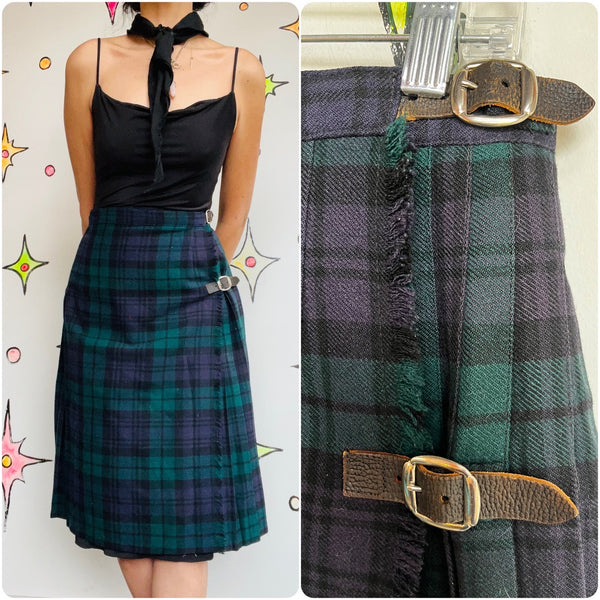 Vintage | Tartan School Girl Blue Green Plaid Pleated Wool Wrap Skirt | Small