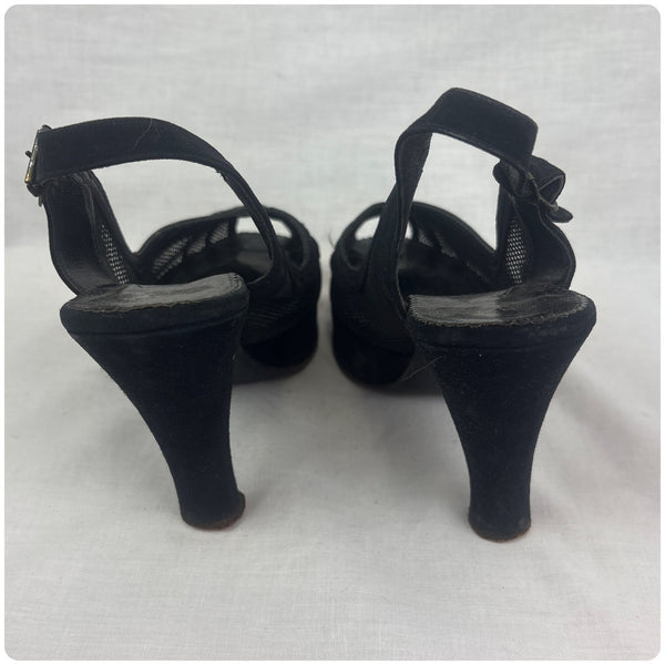40s Black Mesh Suede Peep Toe Platform Heels Rhinestones Witchy Cha Cha – 6.5–7
