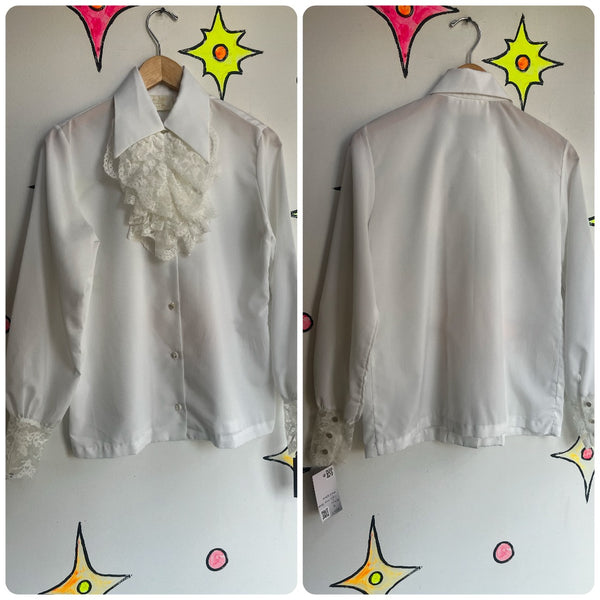 Vintage 70 | White Ruffle Neck Pirate Victorian Steampunk Blouse Top | ML