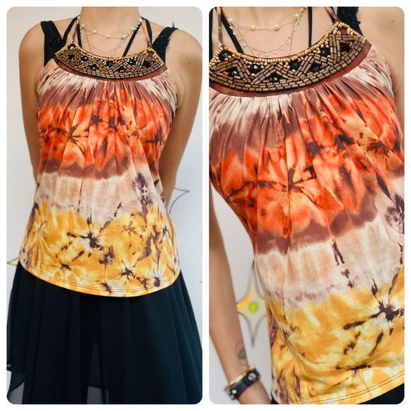 Y2K Orange Fairy Grunge Beaded Tie-Dye Halter Top – Vintage Boho Tee – XS/S