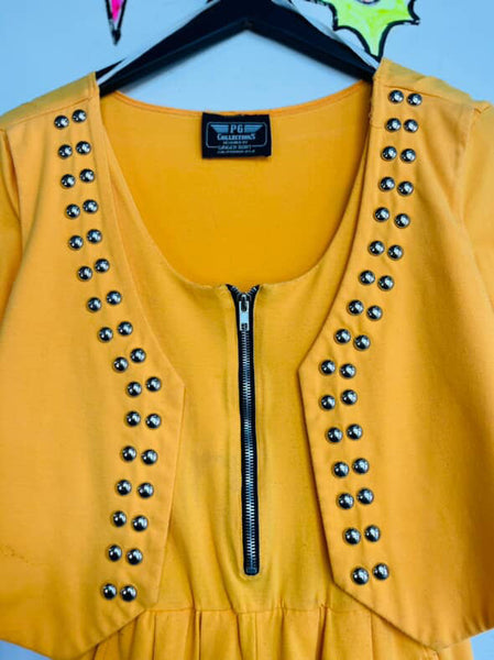 Vintage 80s Bright Yellow Studded Zip-Up Jumpsuit | One Piece Party Outfit | M
