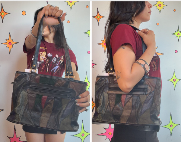 80s 90s Patchwork Leather Shoulder Bag Boho Goth Slouchy Purse Festival Hobo Bag