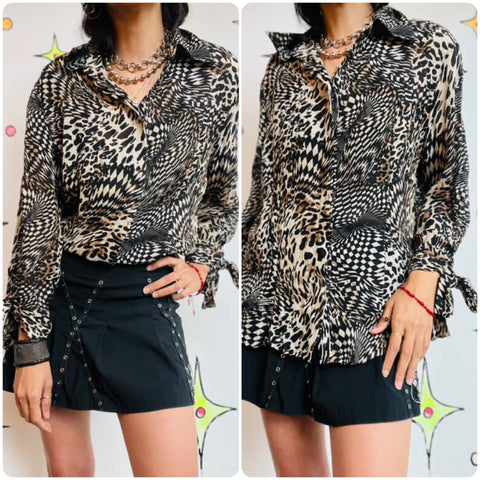 90s Y2K Leopard & Geometric Optical Illusion Print Glam Blouse – Le Caviar – XL