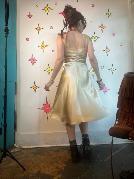 Vintage 90s Gold Glitter Satin Metallic Glam Midi Dress Cocktail Party Dress M