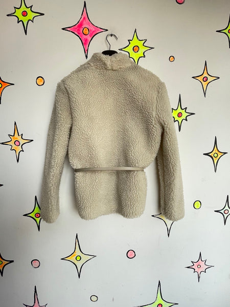 Vintage Off White Sherpa Jacket Cozy Fleece Zip Front Belted Grunge Jacket L