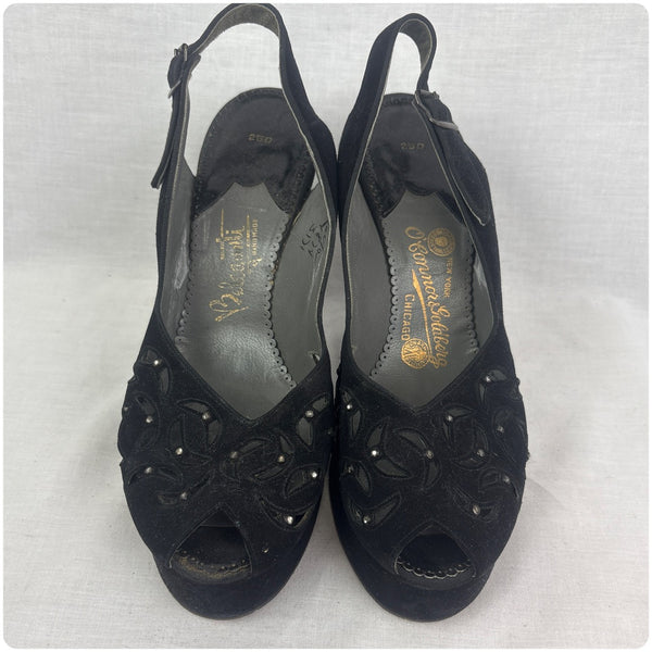 1940s Black Peep Toe Sling Back Suede Platform Pumps - Cha Cha Heels - 6 -6.5
