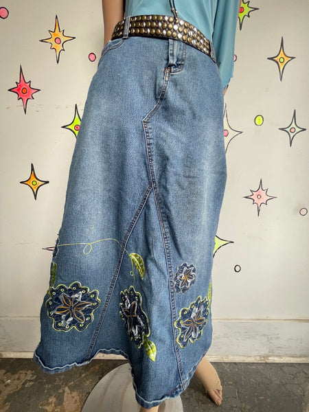 Y2K Embellished Denim Maxi Skirt Tattoo Print Patchwork Fairy Grunge Alt L