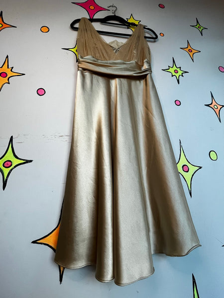 Vintage 90s Gold Glitter Satin Metallic Glam Midi Dress Cocktail Party Dress M