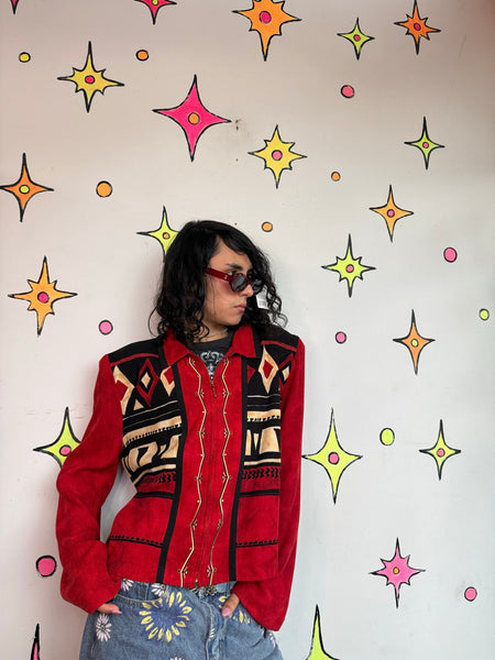 Red Western Blazer 80s Cowboycore Folk Art Jacket Office Siren Glam Statement L