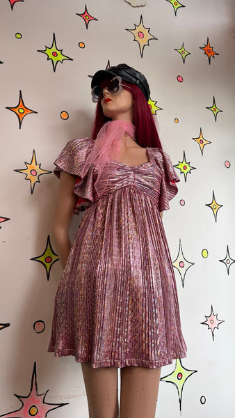 Pink Retro 60s 70s Metallic Mini Go-Go Dress Space Age Glam Party S