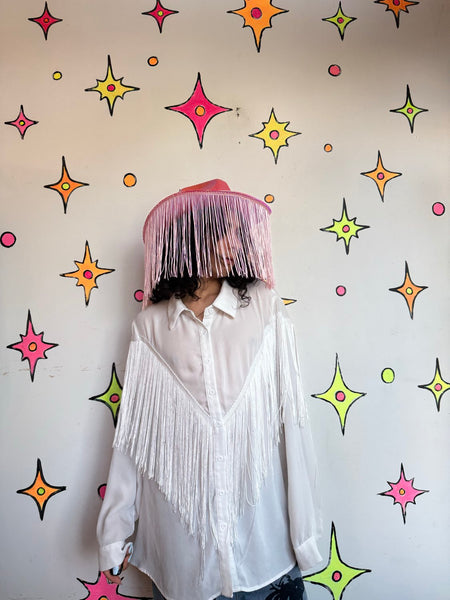 White Fringe Western Shirt | Cowboy Core Rodeo Fringe Button Up Oversized XL