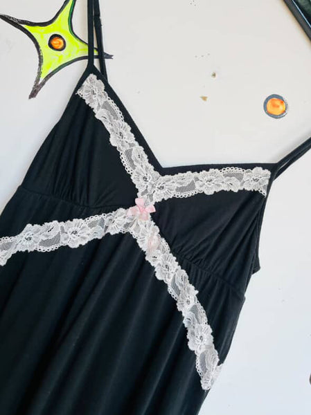 Vintage Victoria’s Secret Black Lace Slip Dress Goth Grunge Fairy Babydoll – S