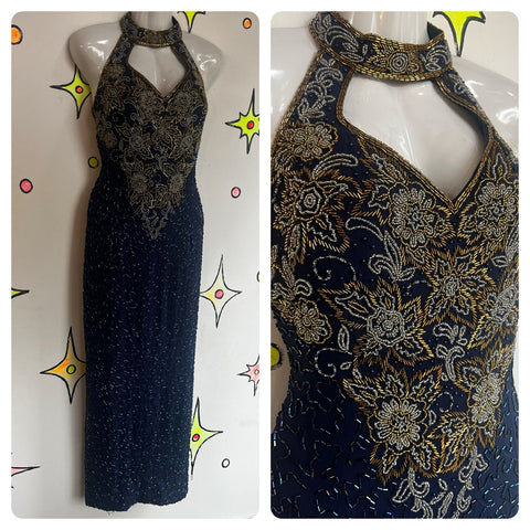 Vintage 80s 90s | Blue and Gold Fully Beaded Sequin SilkHalter Formal Dress | 12