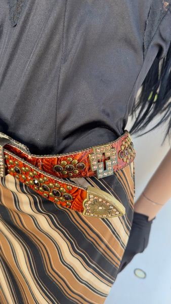Y2K Rhinestone Studded Cowhide Leather Belt Western Cowgirl Bling Statement Belt