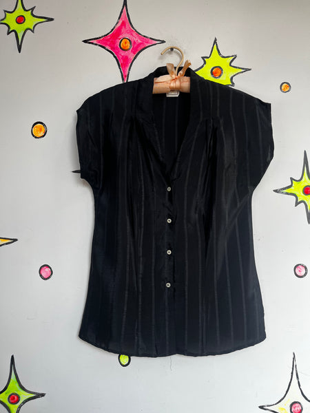 Vintage 70s Black Silky Gothic Button-Up Blouse | Witchy Romantic Retro | M