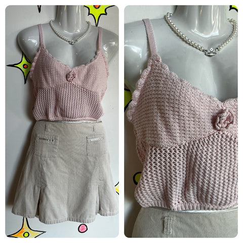 Vintage Y2k | Pink Crochet Coquette Fairy Babydoll Cami Crop Top | Size M