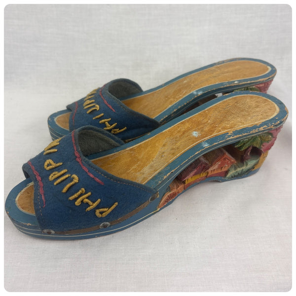 Vintage 1940s Hand Carved Painted Wooden Platform Heels Philippines Folk Art - 6