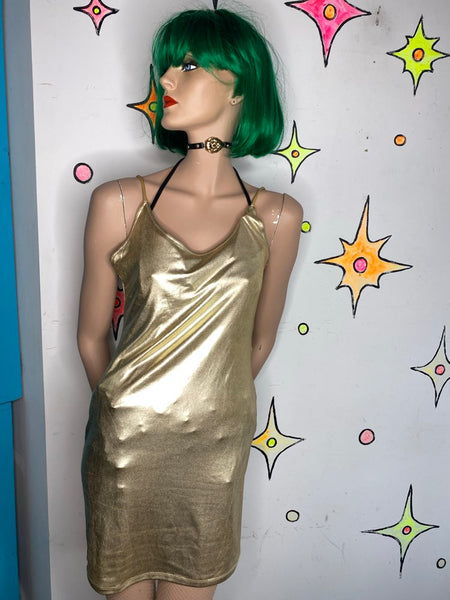 Y2K Gold Retro Metallic Mini Dress Disco / retro 80s Galactic Glam Party Dress L