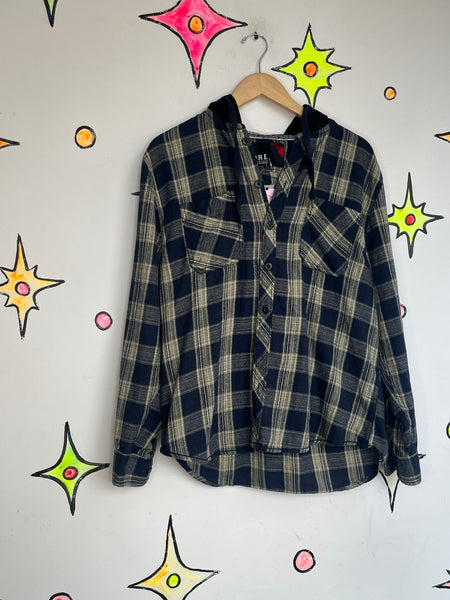 Vintage 90s Navy Blue Plaid Hooded Flannel Shirt Grunge Fairy Academia Size L