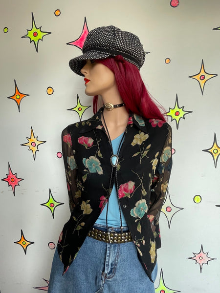 Vintage 90s Express Black Silk Floral Button Up Whimsigoth Dark Romantic M