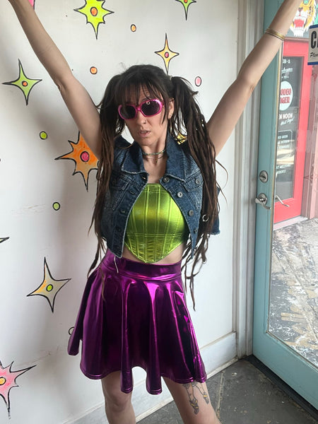 NWT Fuchsia Metallic Skater Skirt Galactic Alien Y2K Space Girl Cosplay Twirl S