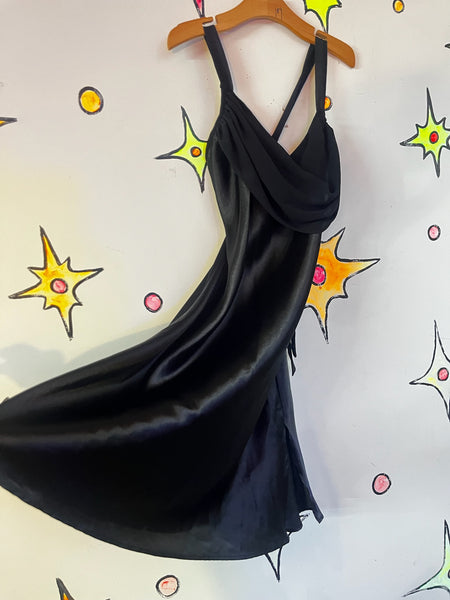 Vintage 90s Black Silky Slip Dress Lingerie Vamp Glam Goth Fairy Grunge M/L