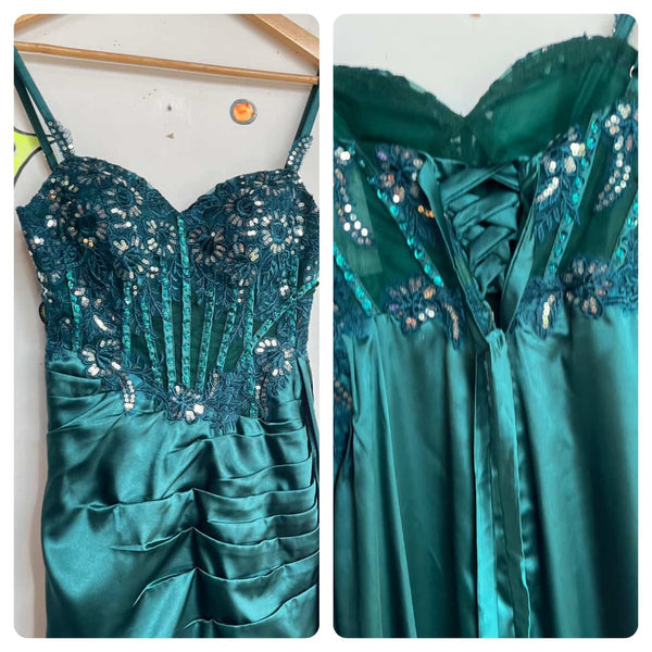 Y2K Teal Mermaid Formal Gown - Adjustable Corset Back Silky Prom Dress Sz 3/4