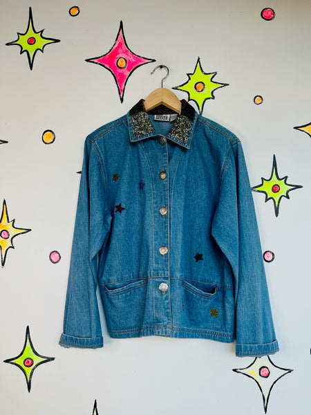 Vintage 90s CHICO’S Embellished Denim Jacket – Boho Grunge Jean Jacket – S-M