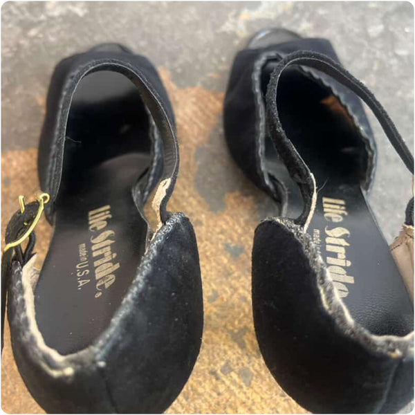 Vintage 1950s–60s Black Suede Peep Toe Strap Heels – Life Stride – Size 7