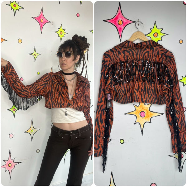 NWT Tiger Print Cowgirl Jacket Sequin Fringe Western Statement Piece Glam XL+