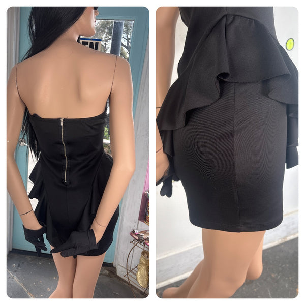 Y2K Black Strapless Peplum Mini Dress | Glam Party Mall Goth LBD - Small