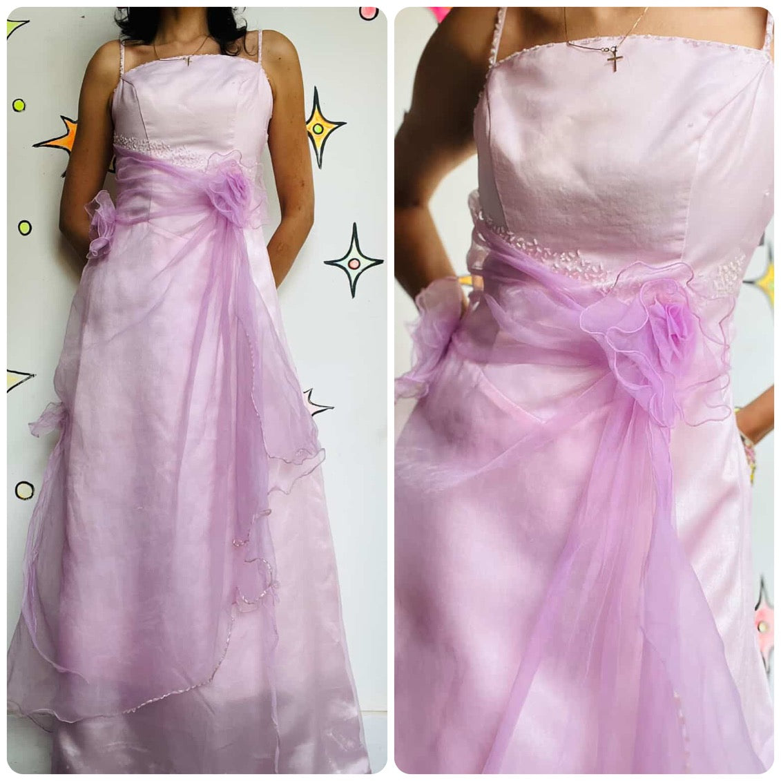 Vintage 80s 90s Pink Tulle Prom Dress Satin & Chiffon Fairy Princess Gown Small