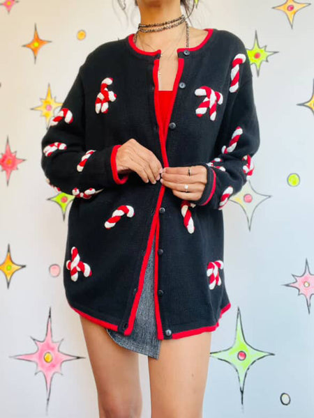 Vintage Black Christmas Sweater | Candy Cane Ugly Tacky Xmas Party Cardigan – L