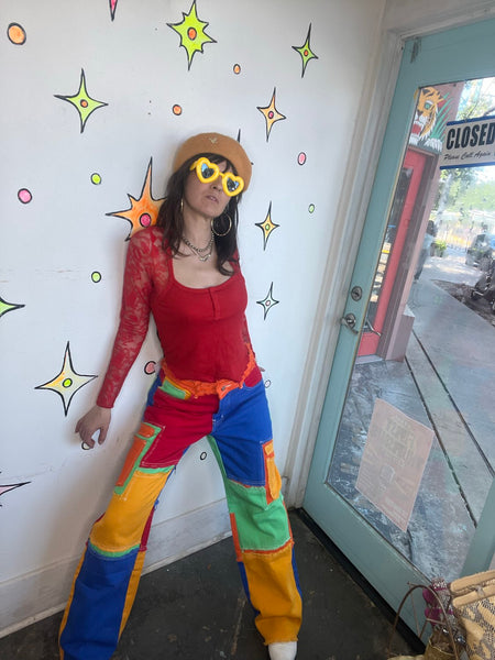 Rainbow Denim Wide Leg Patchwork Pants Y2K Boho Grunge Statement Jeans M/L