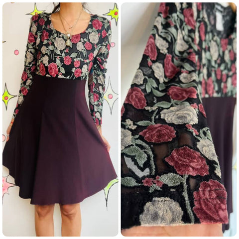 Vintage 90s Stretch Cottagecore Fairy Grunge Goth Romantic Dress Rose Print M/L