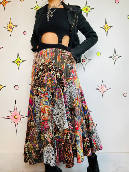 90s Y2K Rainbow Cotton Paisley Patchwork Fairy Boho Grunge Tiered Maxi Skirt | M
