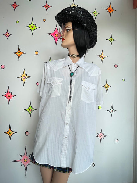 Vintage White Short Sleeve Western Button Up Shirt Pearl Snap Rodeo Cowboy XL