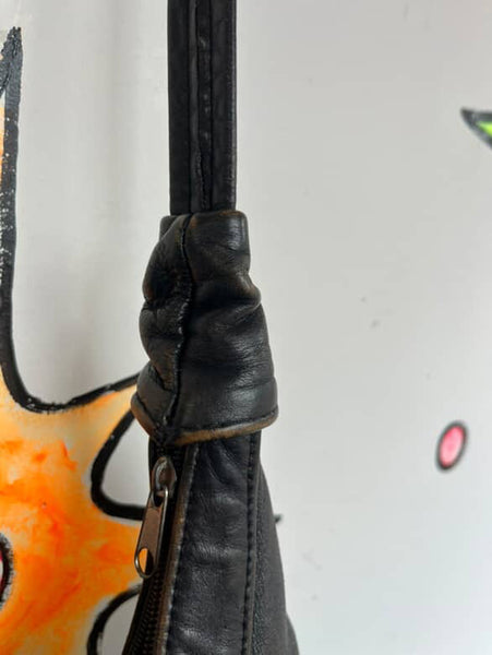 Vintage Black Leather Fringe Crossbody Bag Grunge Rock n Roll Boho Concho Purse