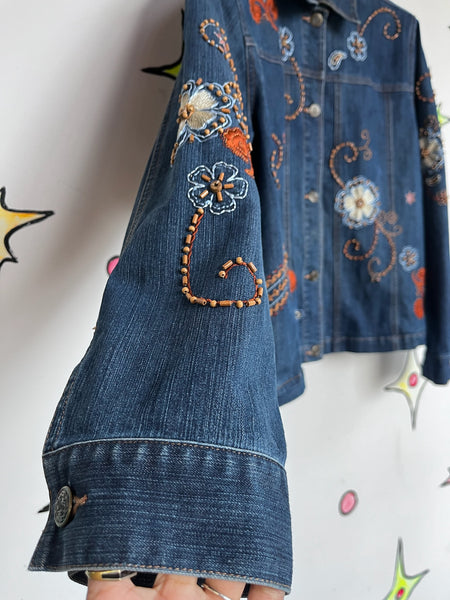 Vintage 90s Y2K Floral Embellished Denim Jacket Boho Fairy Grunge Jean Jacket L