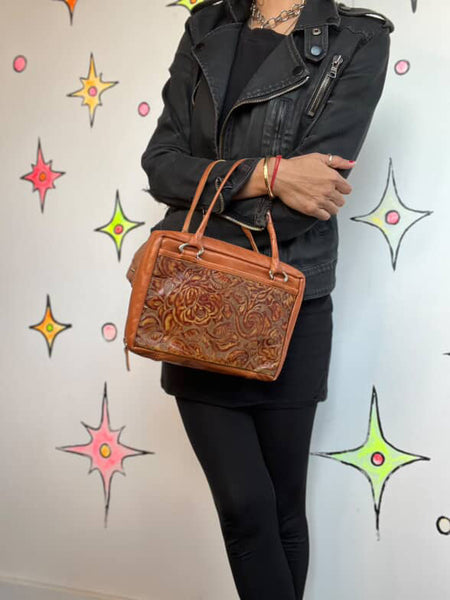 Vintage Boho Western Tooled Leather Satchel | 70s Style Floral Purse Handbag