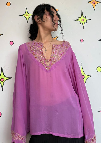 Beaded Silk Blouse Purple Gold Boho Sheer Witchy Luxe Embellished Silk Top 2X