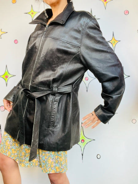 Vintage 90s Thrashed Black Leather Goth Boho Grunge Zip-Up Belted Trench Coat XL