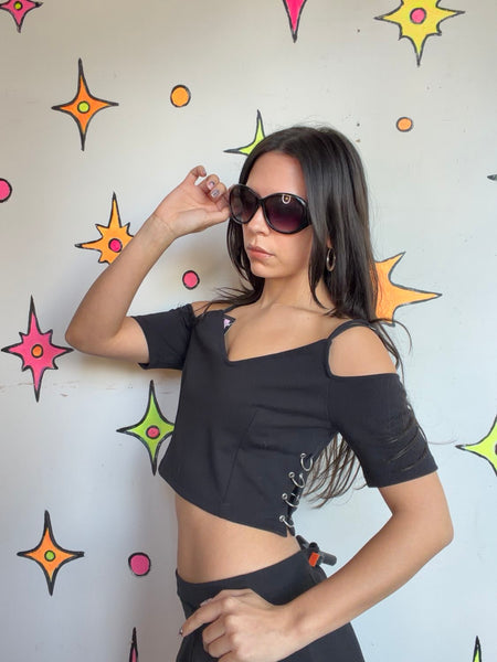 Y2K Black Goth Lace-Up Side Crop Top Emo Punk Grunge Fairy Mall Goth Tee S/M