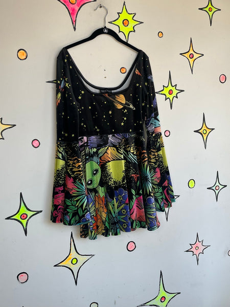 Black Velvet Alien Neon Scene Mini Dress - Bell Sleeves Rave Festival Hippie L