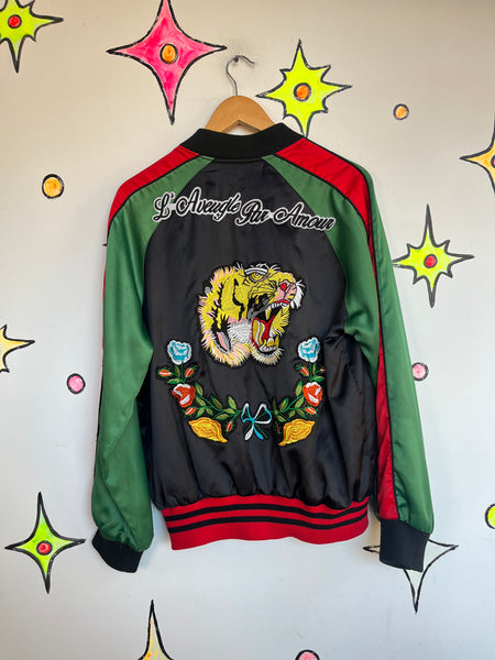 Vintage Y2K Satin Souvenir Bomber Jacket Embroidered Street Style Tokyo Style XL