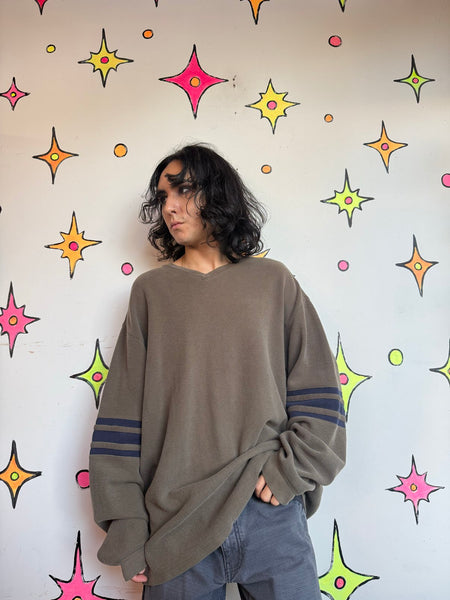 Vintage Y2K Olive Green Striped Sweater Emo Grunge Oversized Skater Pullover L