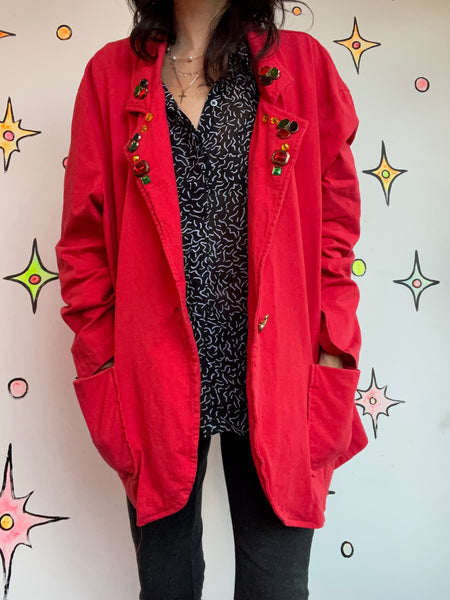 Vintage 80s Cherry Red Christmas Holiday Party Blazer - Glam Bedazzled - XL+