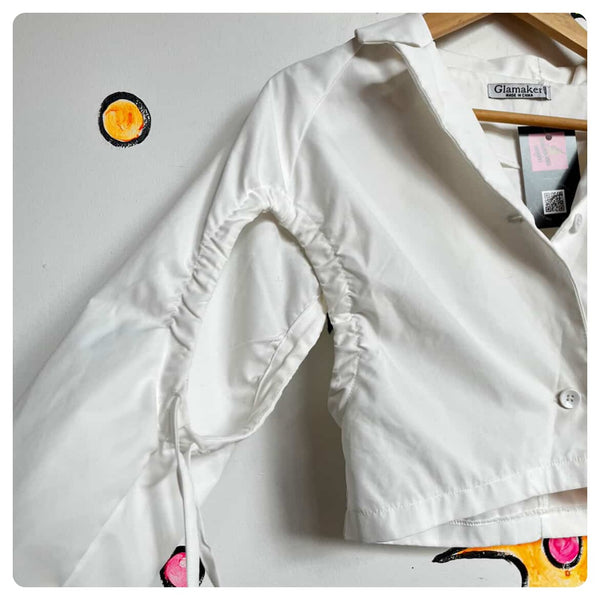 Y2K White Deconstructed Post Apocyliptic Utility Crop Button Down Shirt - S/M