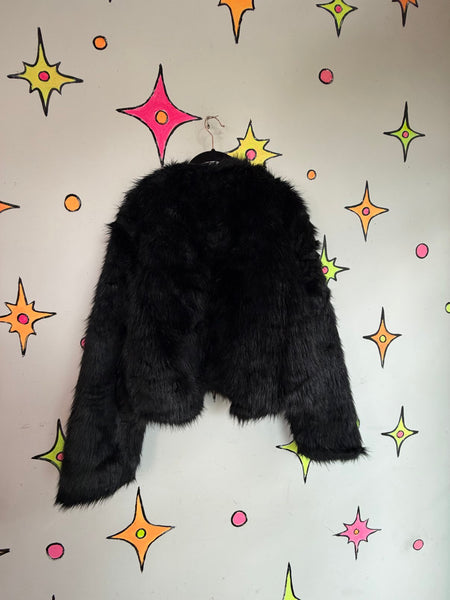 Vintage Black Vegan Fur Coat Glam Goth Femme Fatale Dramatic Evening Jacket L