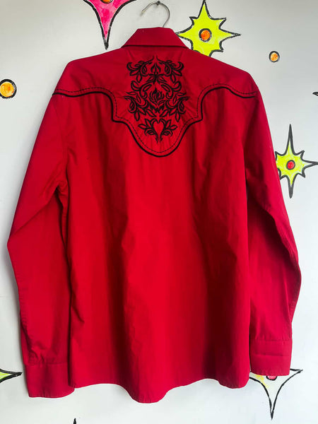 Vintage | Red Mens Western Embroidered Pearl Snap Shirt | Size XL